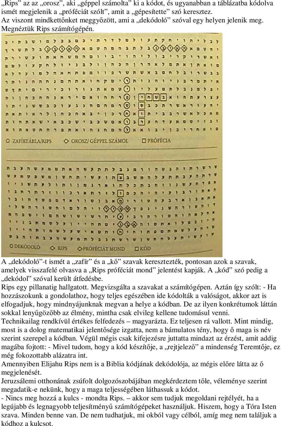 A dekódoló -t ismét a zafír és a k szavak keresztezték, pontosan azok a szavak, amelyek visszafelé olvasva a Rips próféciát mond jelentést kapják. A kód szó pedig a dekódol szóval került átfedésbe.