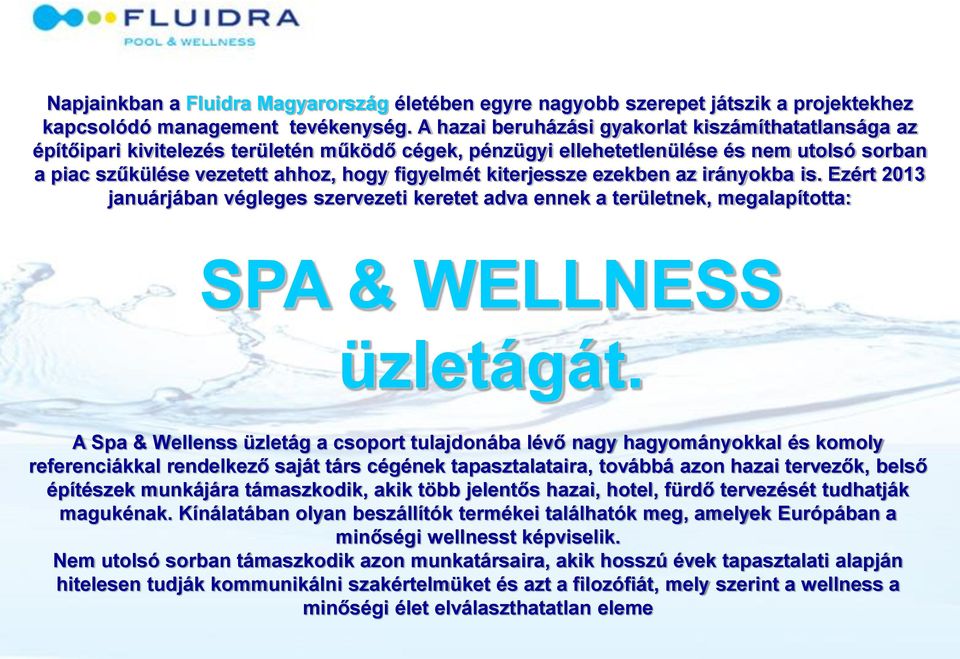 kiterjessze ezekben az irányokba is. Ezért 2013 januárjában végleges szervezeti keretet adva ennek a területnek, megalapította: SPA & WELLNESS üzletágát.