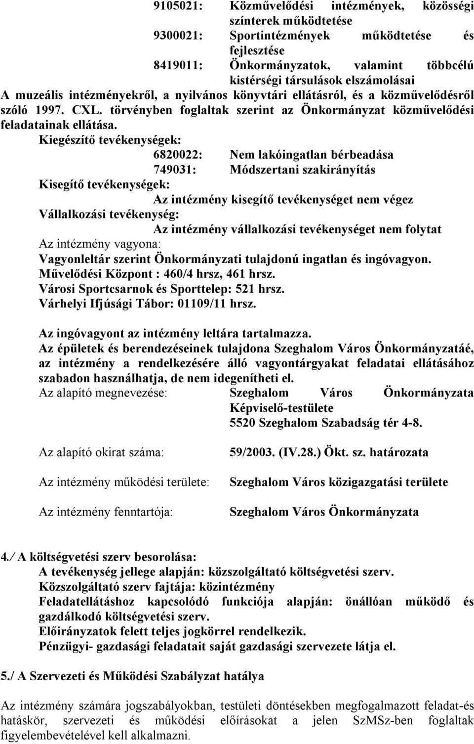 Kiegészítő tevékenységek: 6820022: Nem lakóingatlan bérbeadása 749031: Módszertani szakirányítás Kisegítő tevékenységek: Az intézmény kisegítő tevékenységet nem végez Vállalkozási tevékenység: Az