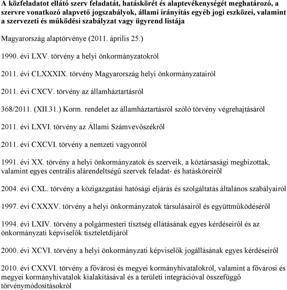 évi CXCV. törvény az államháztartásról 368/2011. (XII.31.) Korm. rendelet az államháztartásról szóló törvény végrehajtásáról 2011. évi LXVI. törvény az Állami Számvevőszékről 2011. évi CXCVI.