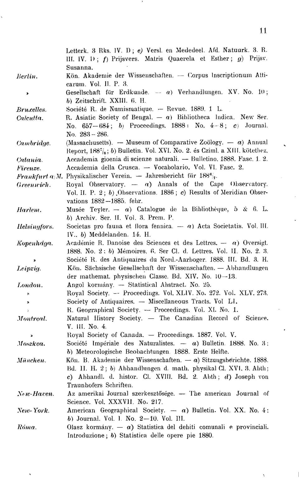 Corpus lnscriptionum Atticarum. Vol. II. P. 3. Gesellschaft für Erdkunde. - a) Verhandlungen. XV. No. 10; b) Zeitschrift. XXIII. 6. H. Société R. de Numismatique. R. Asiatic Society of Bengal.
