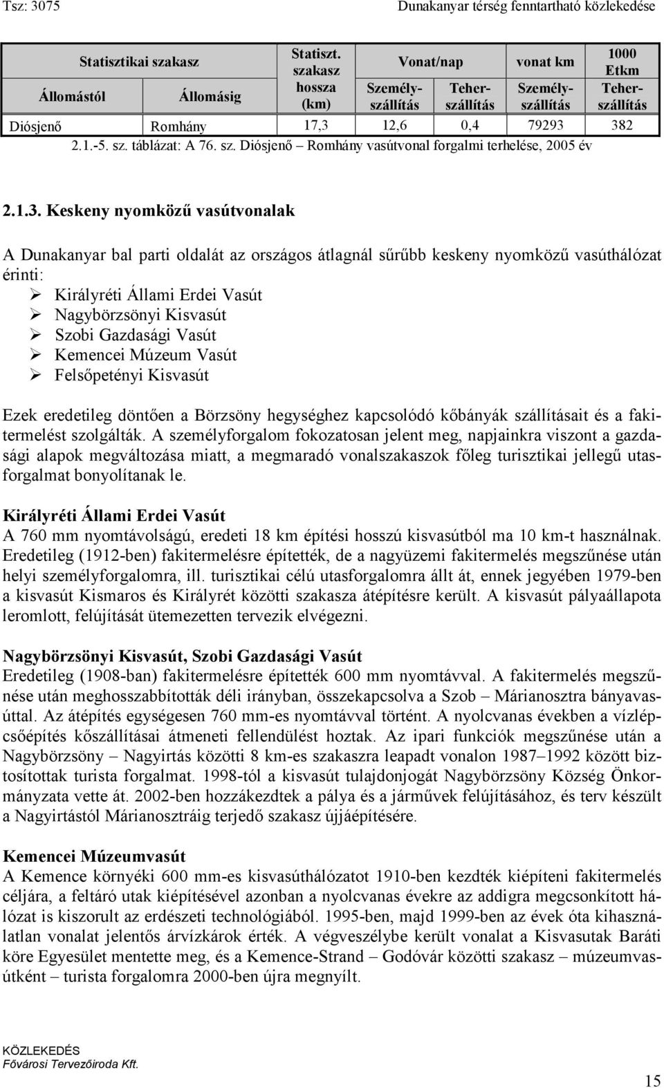 sz. táblázat: A 76. sz. Diósjen% Romhány vasútvonal forgalmi terhelése, 2005 év 2.1.3.