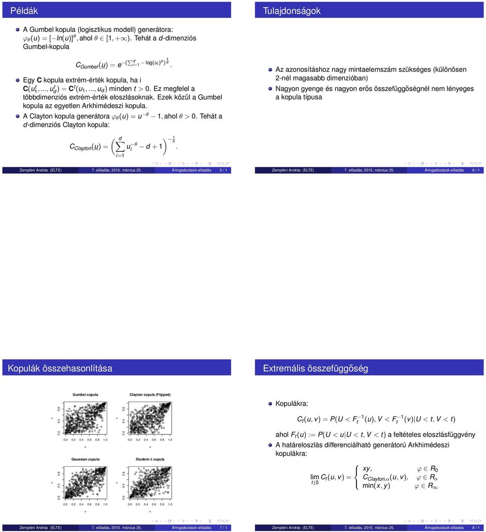 A Clayton kopla generátora ϕ θ () = θ 1, ahol θ >. Tehát a d-dimenziós Clayton kopla: ( d ) 1 C Clayton () = θ θ i d + 1.