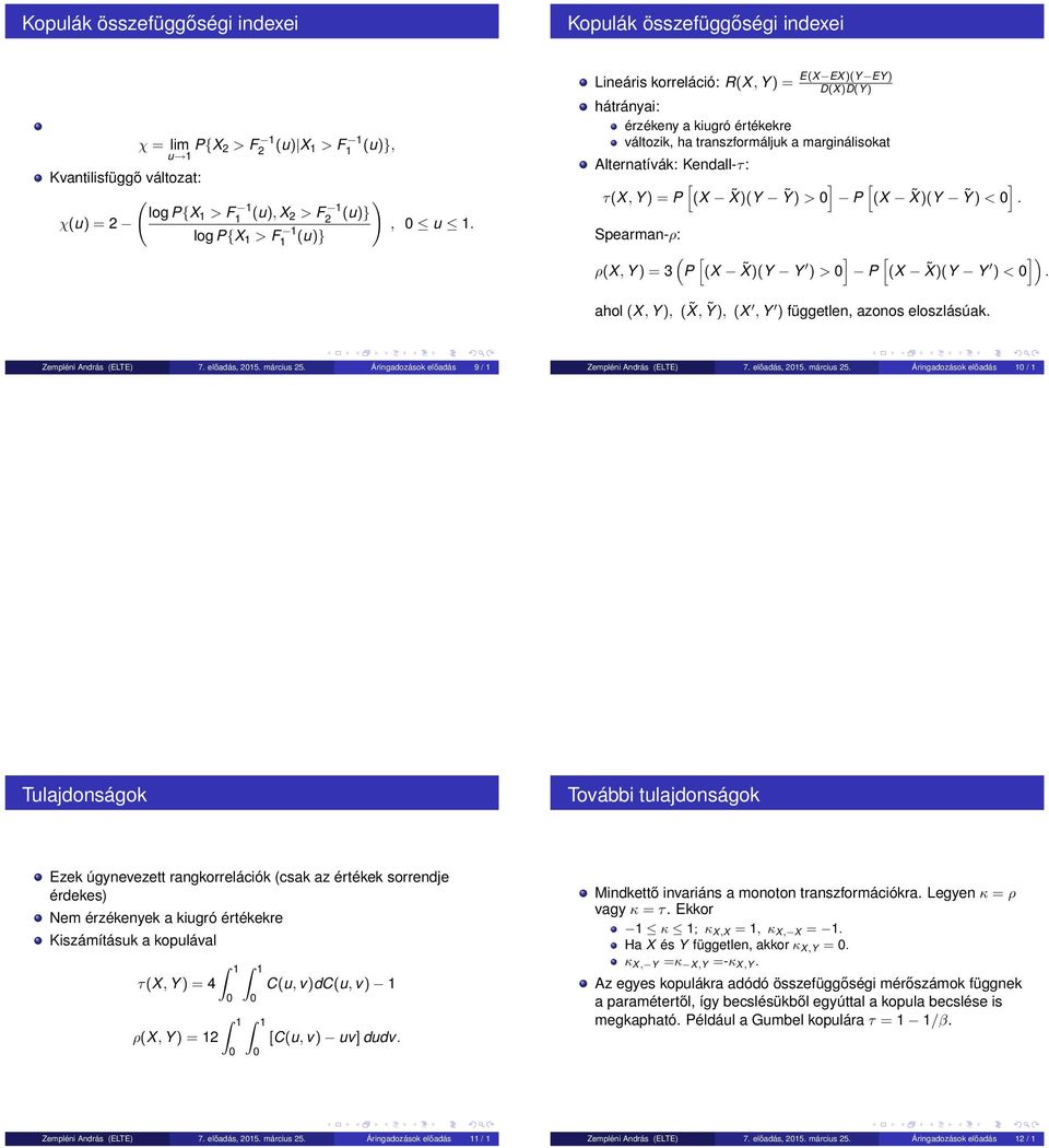 [(X X)(Y ] Ỹ ) <. Spearman-ρ: ( [ ] [ ]) ρ(x, Y ) = 3 P (X X)(Y Y ) > P (X X)(Y Y ) <. ahol (X, Y ), ( X, Ỹ ), (X, Y ) független, azonos eloszlásúak. Zempléni András (ELTE) 7. előadás, 215. márcis 25.