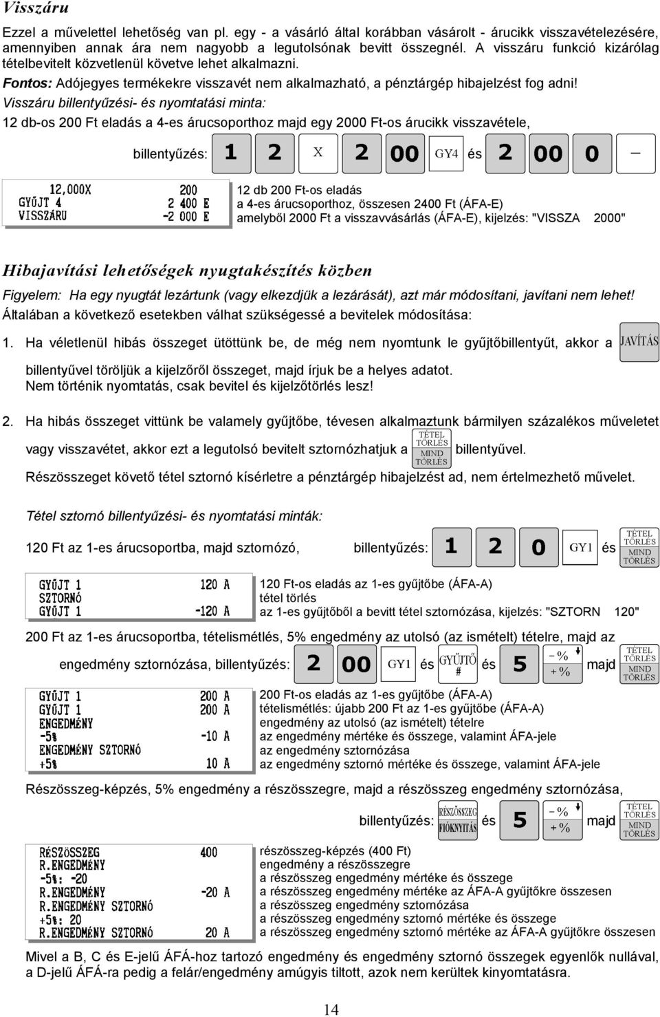 Visszáru billentyűzi- nyomtatási minta: 12 db-os 200 Ft eladás a 4-es árucsoporthoz egy 2000 Ft-os árucikk visszavétele, billentyűz: 12 db 200 Ft-os eladás a 4-es árucsoporthoz, összesen 2400 Ft