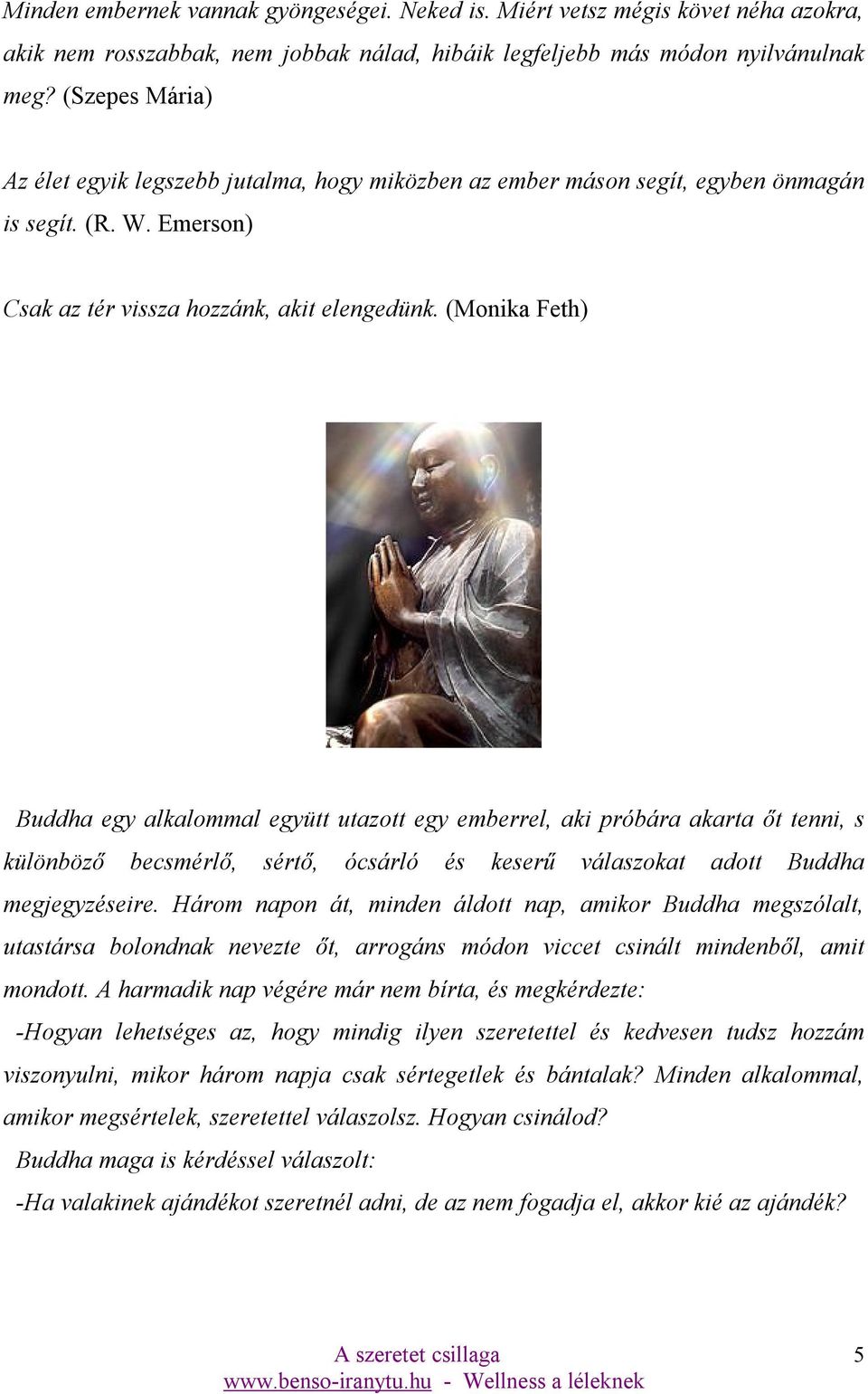 (Monika Feth) Buddha egy alkalommal együtt utazott egy emberrel, aki próbára akarta őt tenni, s különböző becsmérlő, sértő, ócsárló és keserű válaszokat adott Buddha megjegyzéseire.