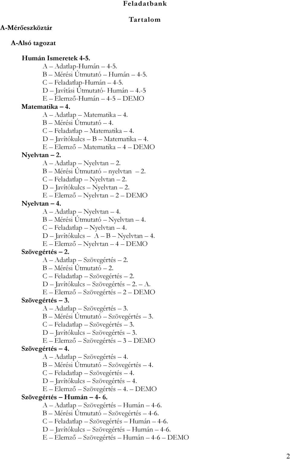 A Adatlap Nyelvtan 2. B Mérési Útmutató nyelvtan 2. C Feladatlap Nyelvtan 2. D Javítókulcs Nyelvtan 2. E Elemző Nyelvtan 2 DEMO Nyelvtan 4. A Adatlap Nyelvtan 4. B Mérési Útmutató Nyelvtan 4.
