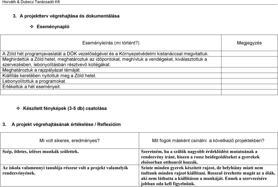 Kiállítás keretében nyitottuk meg a Zöld hetet. Lebonyolítottuk a programokat. Értékeltük a hét eseményeit. Készített fényképek (3-5 db) csatolása 3.