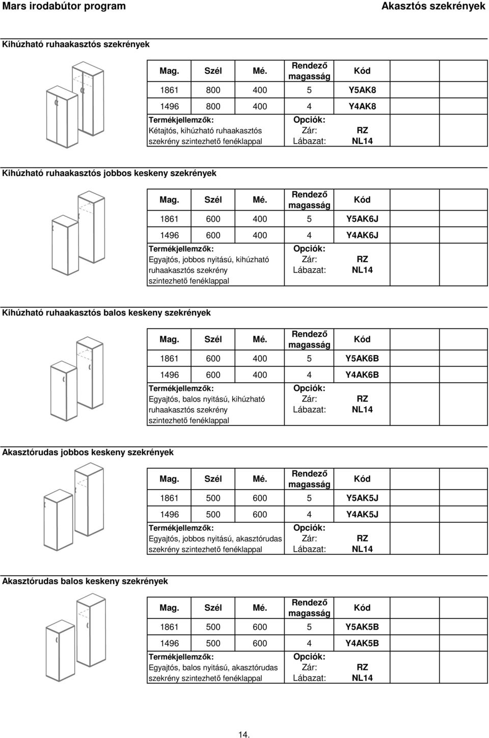 Kód 1861 600 400 5 Y5AK6B 1496 600 400 4 Y4AK6B Egyajtós, balos nyitású, kihúzható Zár: RZ ruhaakasztós szekrény Lábazat: NL14 Akasztórudas jobbos keskeny szekrények 1861 500 600 5 Y5AK5J 1496 500