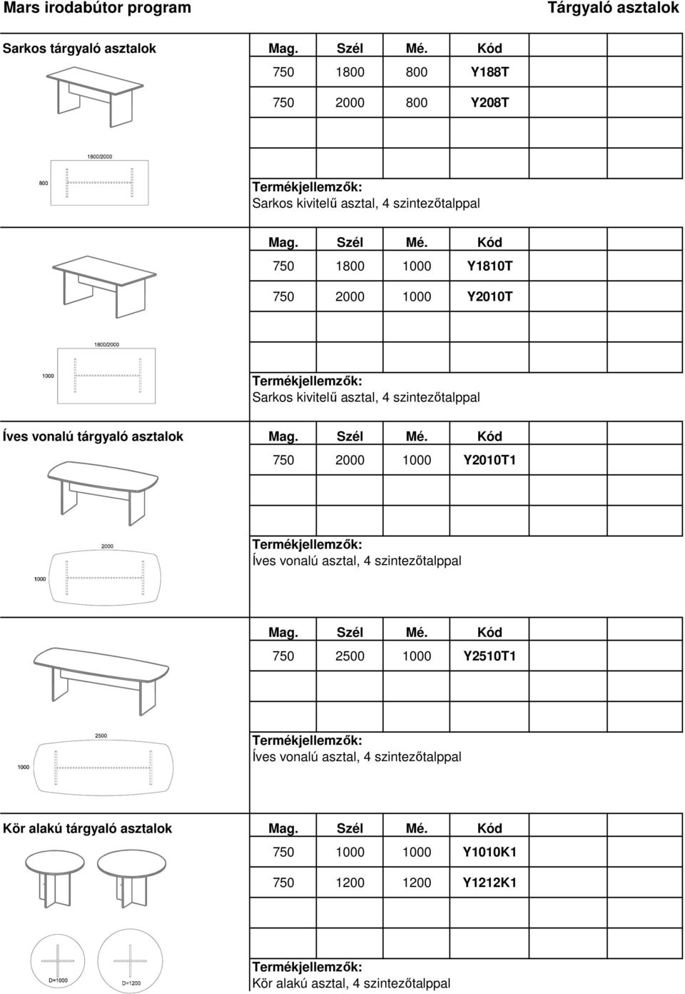 asztal, 4 szintezőtalppal 750 2500 1000 Y2510T1 Íves vonalú asztal, 4 szintezőtalppal Kör