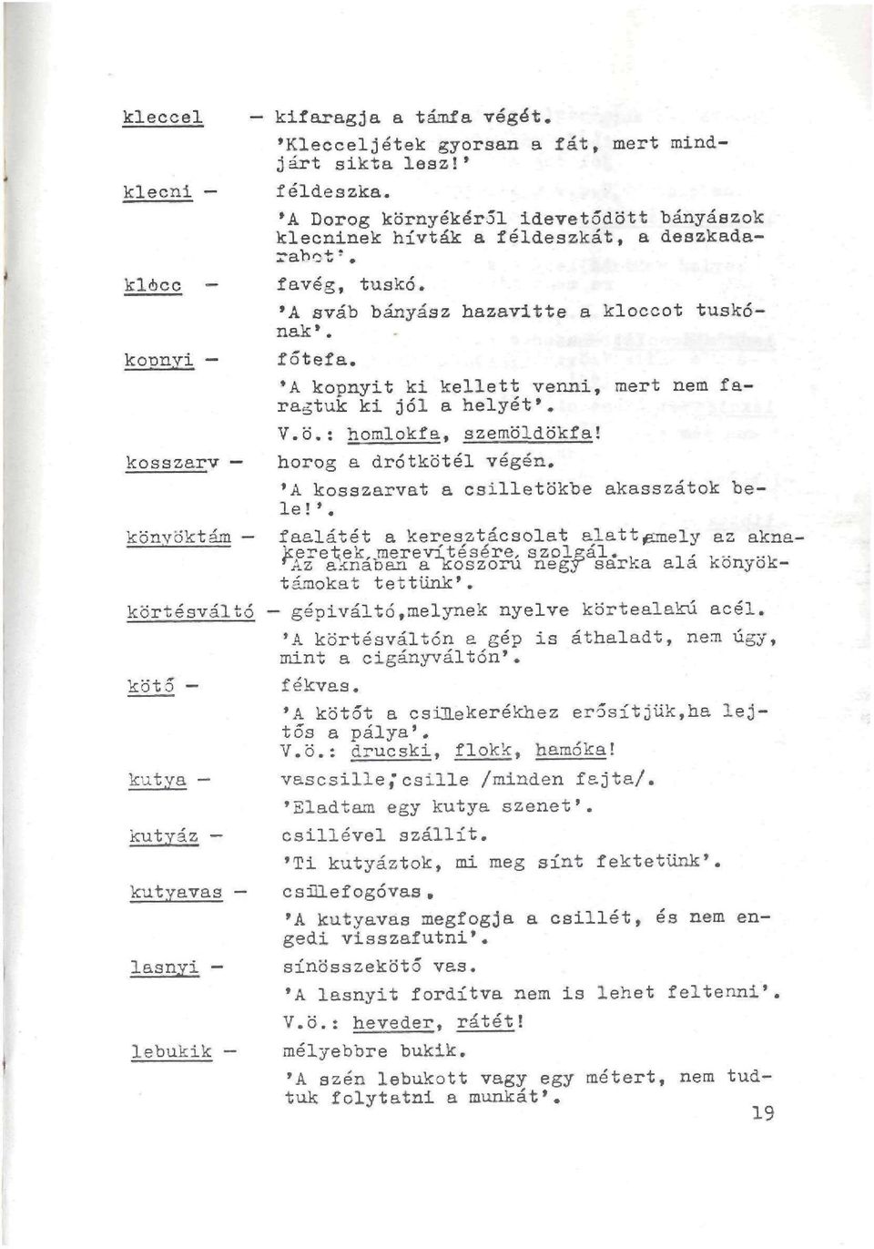 horog a drótkötél végén. 'A kosszarvat a csilletökbe akasszátok bele!'. tásiokat tettünk'. körtésváltó - gépiváltó, melynek nyelve kortealakú acél.