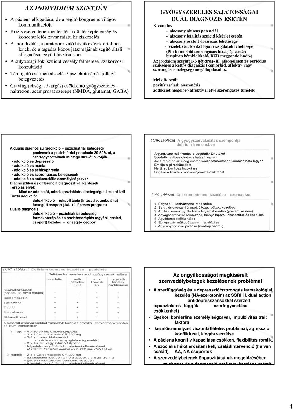 Támogató esetmenedzselés / pszichoterápiás jellegű betegvezetés Craving (éhség, sóvárgás) csökkentő gyógyszerelés - naltrexon, acamprosat szerepe (NMDA, glutamat, GABA) GYÓGYSZERELÉS SAJÁTOSSÁGAI