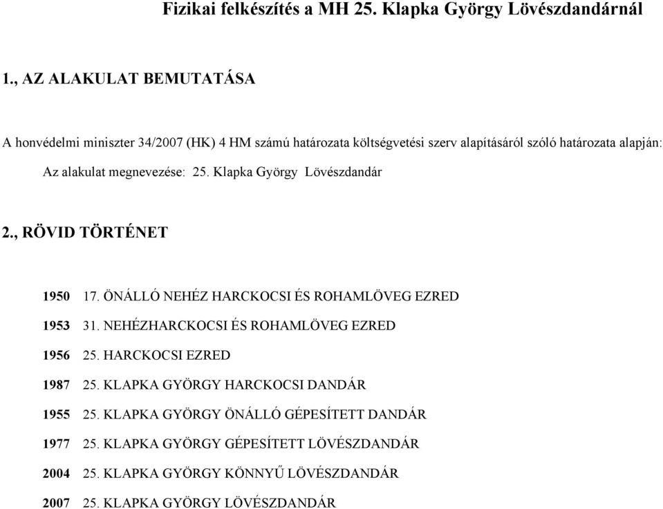 alakulat megnevezése: 25. Klapka György Lövészdandár 2., RÖVID TÖRTÉNET 1950 17. ÖNÁLLÓ NEHÉZ HARCKOCSI ÉS ROHAMLÖVEG EZRED 1953 31.