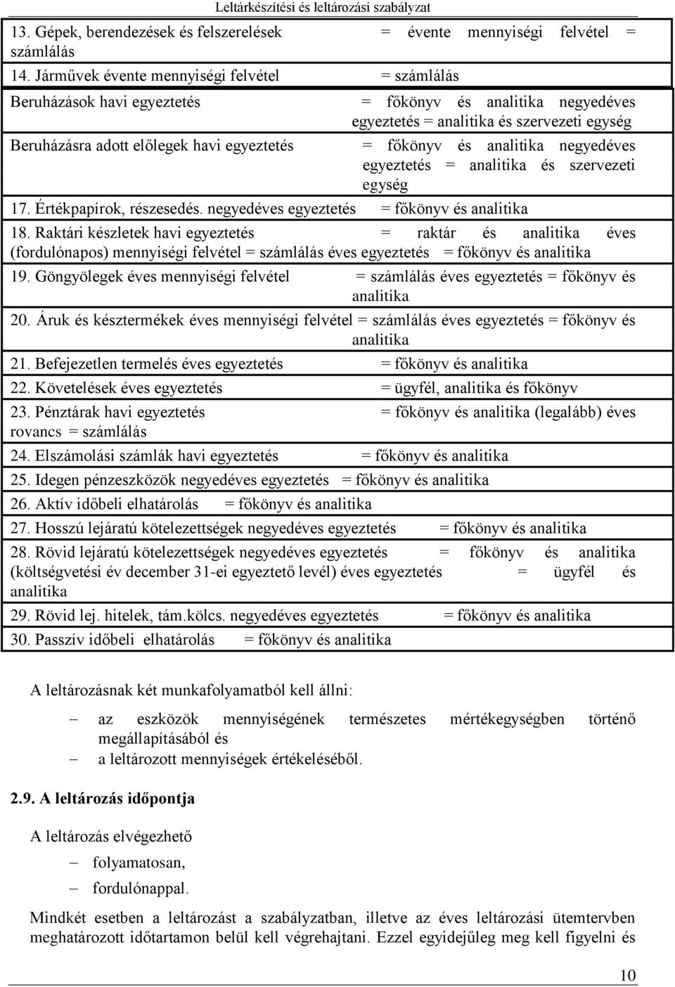 főkönyv és analitika negyedéves egyeztetés = analitika és szervezeti egység 17. Értékpapírok, részesedés. negyedéves egyeztetés = főkönyv és analitika 18.