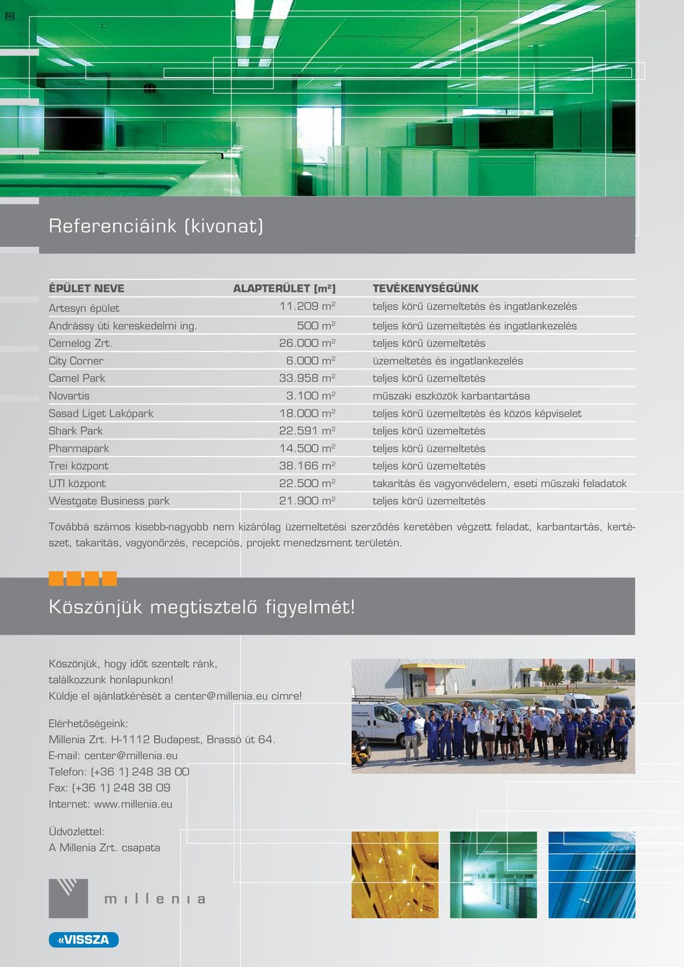 958 m 2 teljes körû üzemeltetés Novartis 3.100 m 2 mûszaki eszközök karbantartása Sasad Liget Lakópark 18.000 m 2 teljes körû üzemeltetés és közös képviselet Shark Park 22.