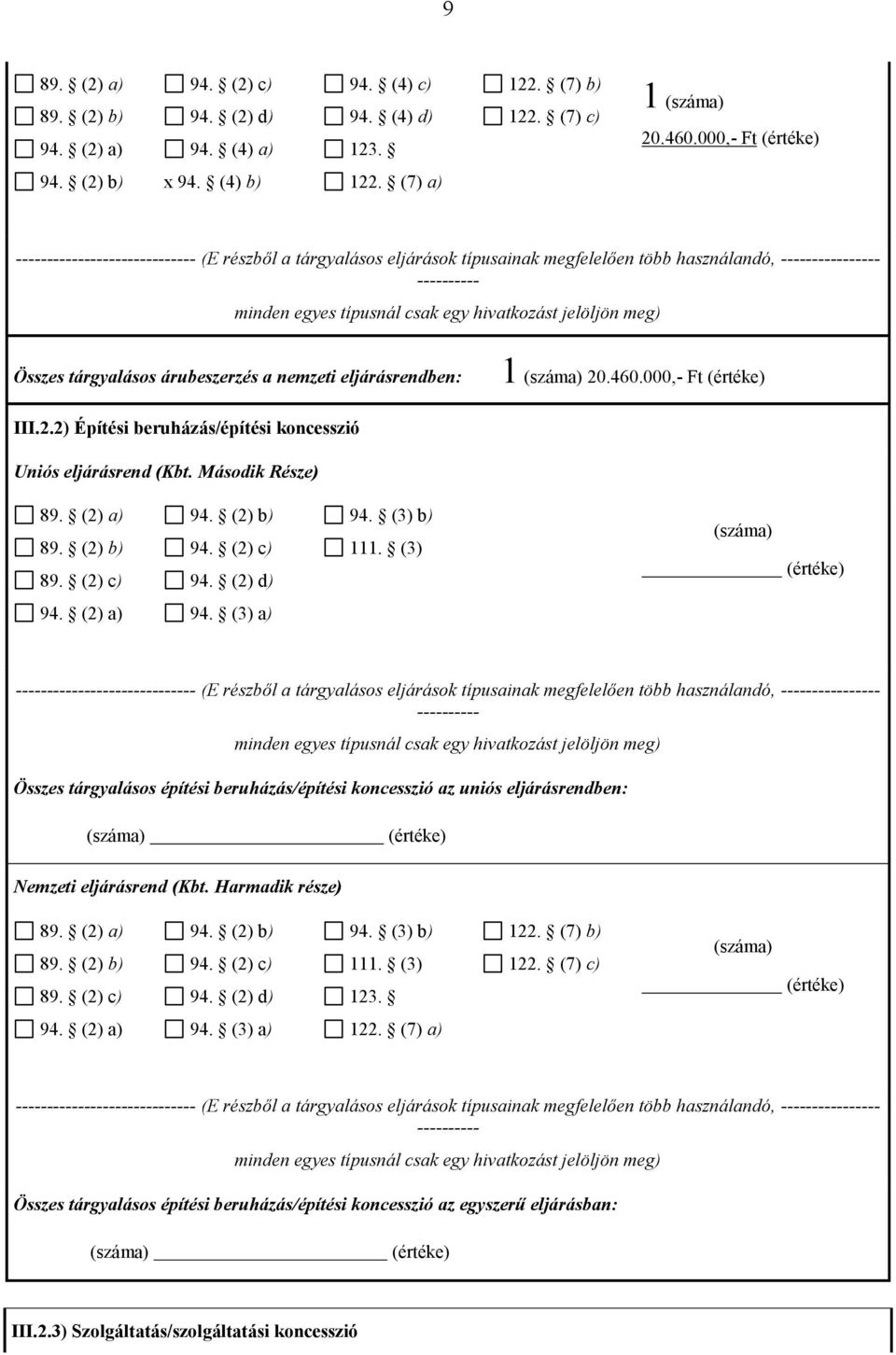 460.000,- Ft III.2.2) Építési beruházás/építési koncesszió Uniós eljárásrend (Kbt. Második Része) 89. (2) a) 89. (2) b) 89. (2) c) 94. (2) b) 94. (2) c) 94. (2) d) 94. (3) b) 111. (3) (száma) 94.