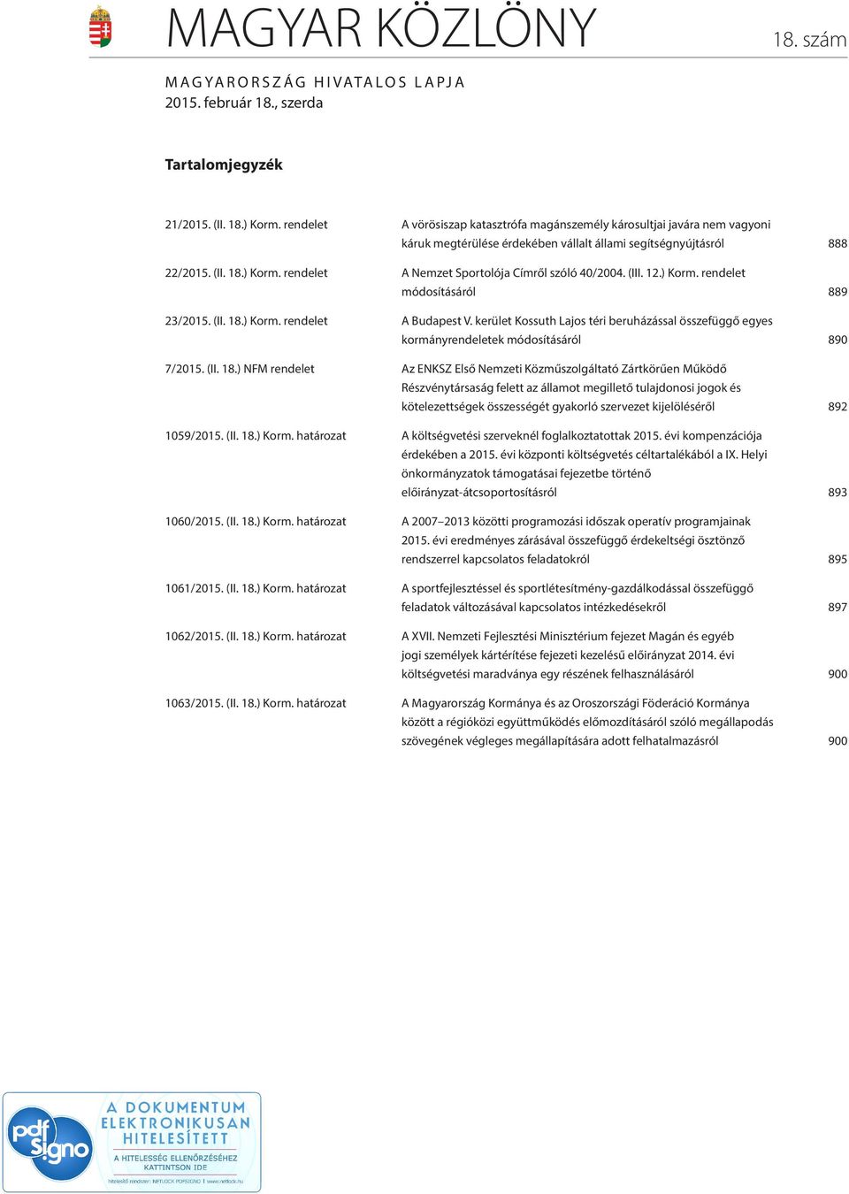 rendelet A Nemzet Sportolója Címről szóló 40/2004. (III. 12.) Korm. rendelet módosításáról 889 23/2015. (II. 18.) Korm. rendelet A Budapest V.