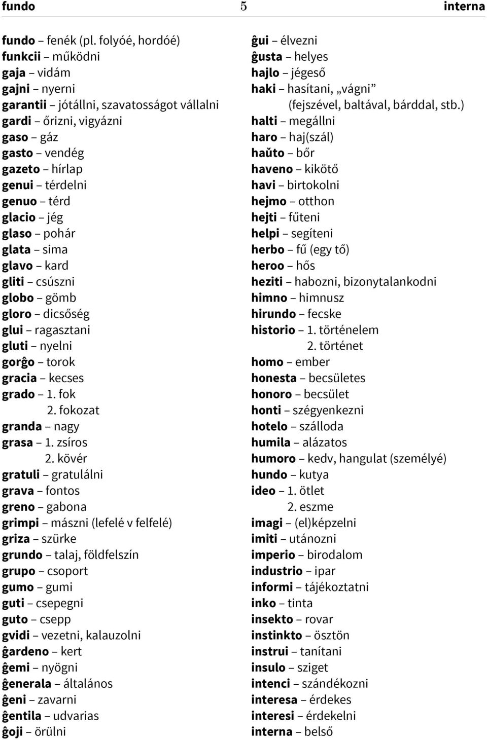 pohár glata sima glavo kard gliti csúszni globo gömb gloro dicsőség glui ragasztani gluti nyelni gorĝo torok gracia kecses grado 1. fok 2. fokozat granda nagy grasa 1. zsíros 2.