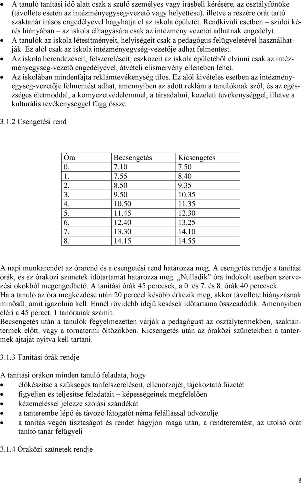 A tanulók az iskola létesítményeit, helyiségeit csak a pedagógus felügyeletével használhatják. Ez alól csak az iskola intézményegység-vezetője adhat felmentést.