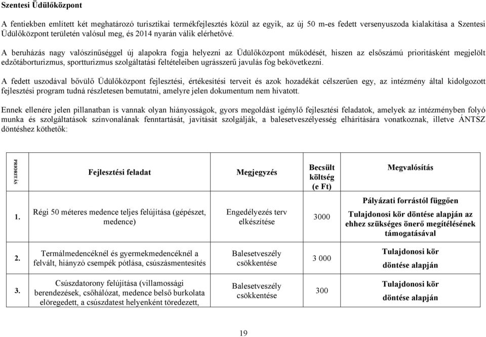 A beruházás nagy valószínűséggel új alapokra fogja helyezni az Üdülőközpont működését, hiszen az elsőszámú prioritásként megjelölt edzőtáborturizmus, sportturizmus szolgáltatási feltételeiben