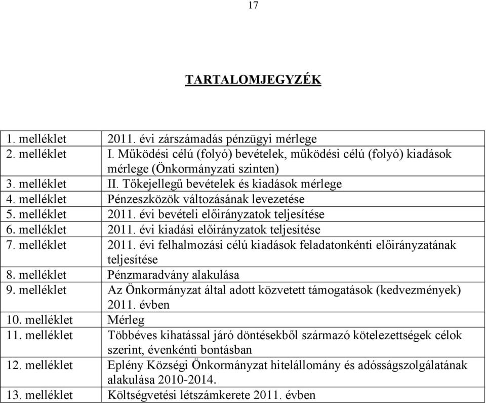 melléklet 2011. évi felhalmozási célú kiadások feladatonkénti előirányzatának teljesítése 8. melléklet Pénzmaradvány alakulása 9.