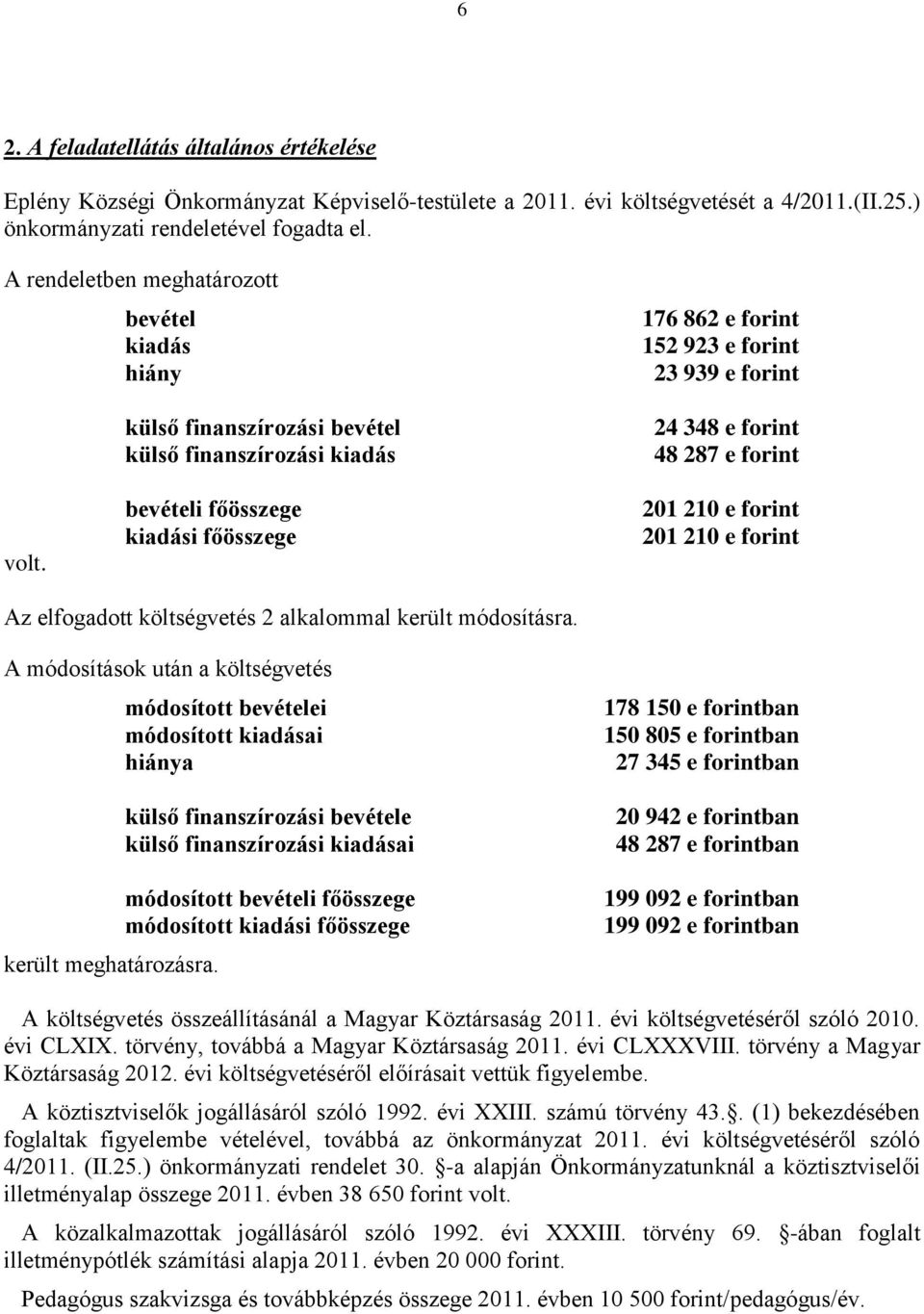 bevételi főösszege kiadási főösszege 201 210 e forint 201 210 e forint Az elfogadott költségvetés 2 alkalommal került módosításra.