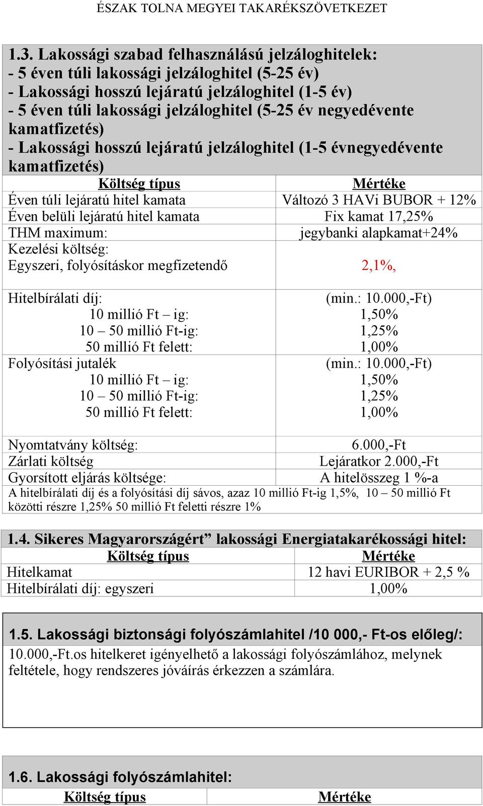 kamat 17,25% THM maximum: jegybanki alapkamat+24% Kezelési költség: Egyszeri, folyósításkor megfizetendő 2,1%, 10 millió Ft ig: 10 50 millió Ft-ig: 50 millió Ft felett: Folyósítási jutalék 10 millió