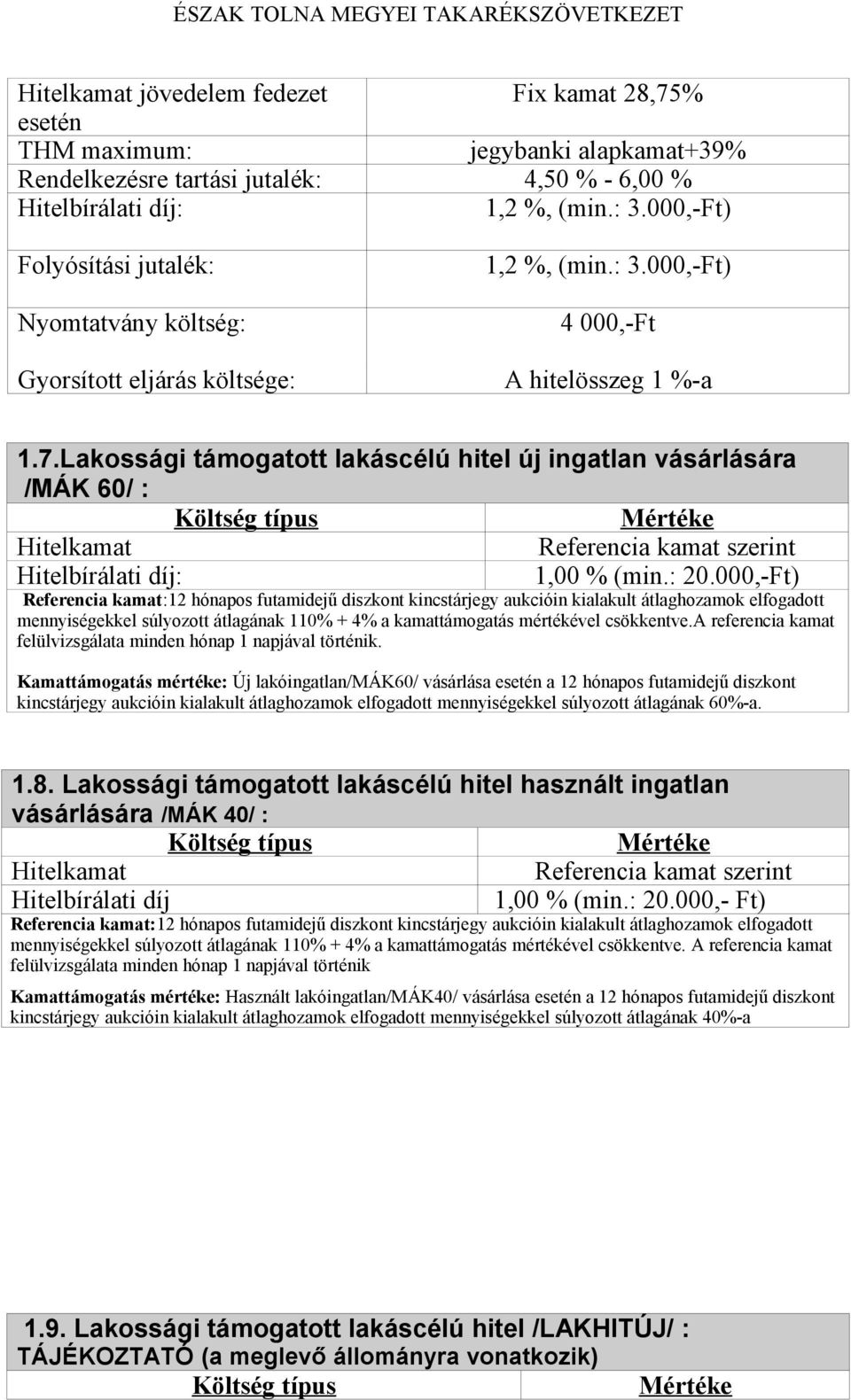 Lakossági támogatott lakáscélú hitel új ingatlan vásárlására /MÁK 60/ : Hitelkamat Referencia kamat szerint 1,00 % (min.: 20.