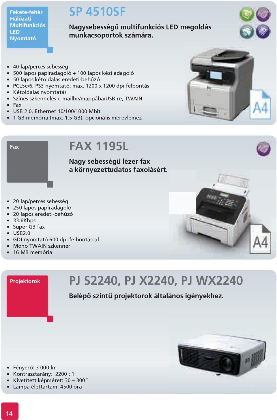 1200 x 1200 dpi felbontás szkennelés e-mailbe/mappába/usb-re, TWAIN Fax USB 2.0, Ethernet 10/100/1000 Mbit 1 GB memória (max.