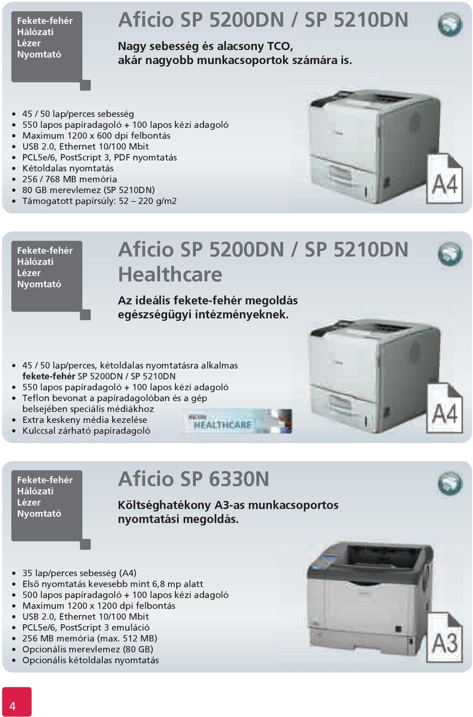 Támogatott papírsúly: 52 220 g/m2 Aficio SP 5200DN / SP 5210DN Healthcare Az ideális fekete-fehér megoldás egészségügyi intézményeknek.