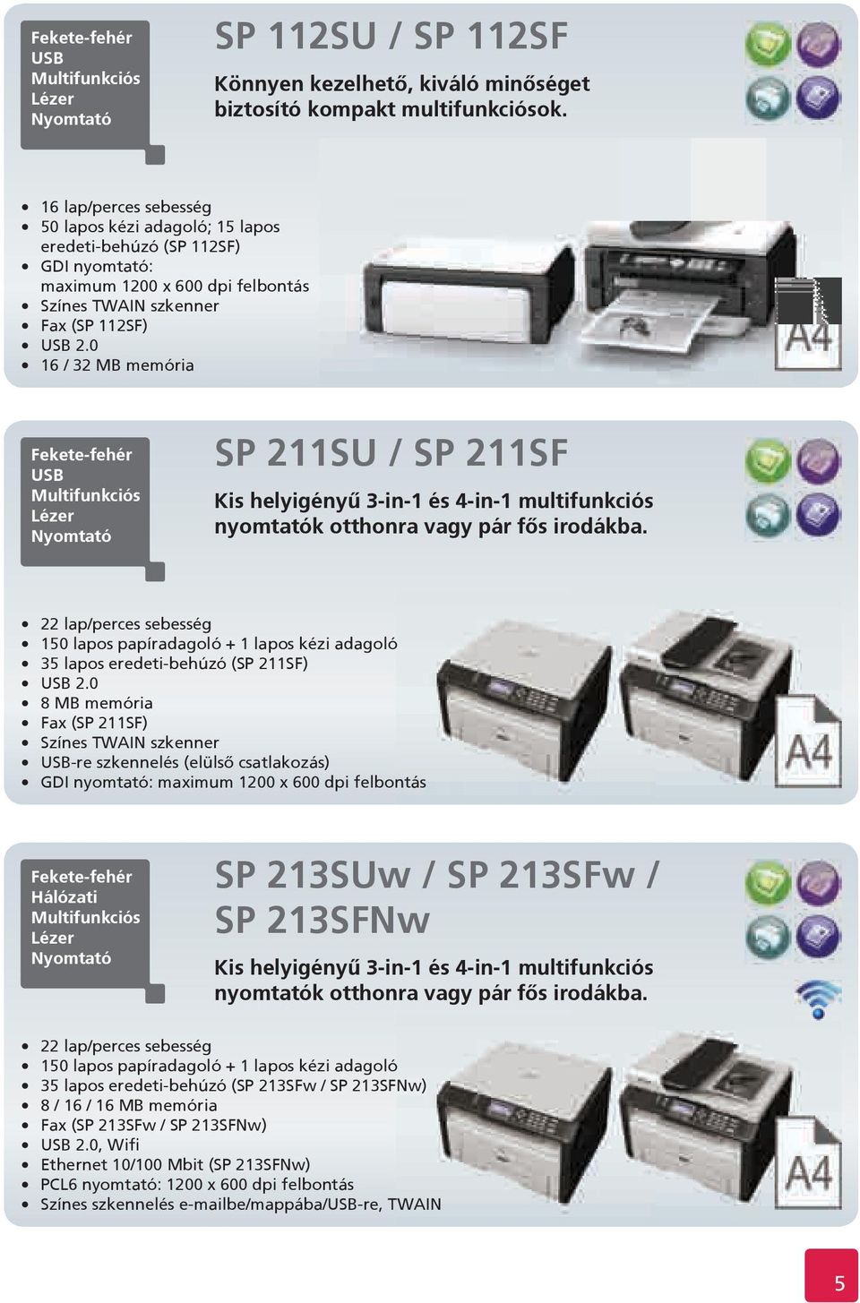 0 16 / 32 MB memória USB SP 211SU / SP 211SF Kis helyigényű 3-in-1 és 4-in-1 multifunkciós nyomtatók otthonra vagy pár fős irodákba.