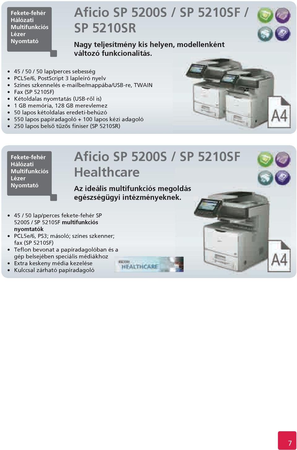 eredeti-behúzó 550 lapos papíradagoló + 100 lapos kézi adagoló 250 lapos belső tűzős finiser (SP 5210SR) Aficio SP 5200S / SP 5210SF Healthcare Az ideális multifunkciós megoldás egészségügyi