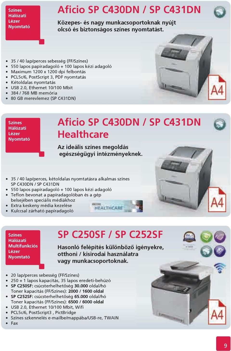 C431DN) Aficio SP C430DN / SP C431DN Healthcare Az ideális színes megoldás egészségügyi intézményeknek. k.