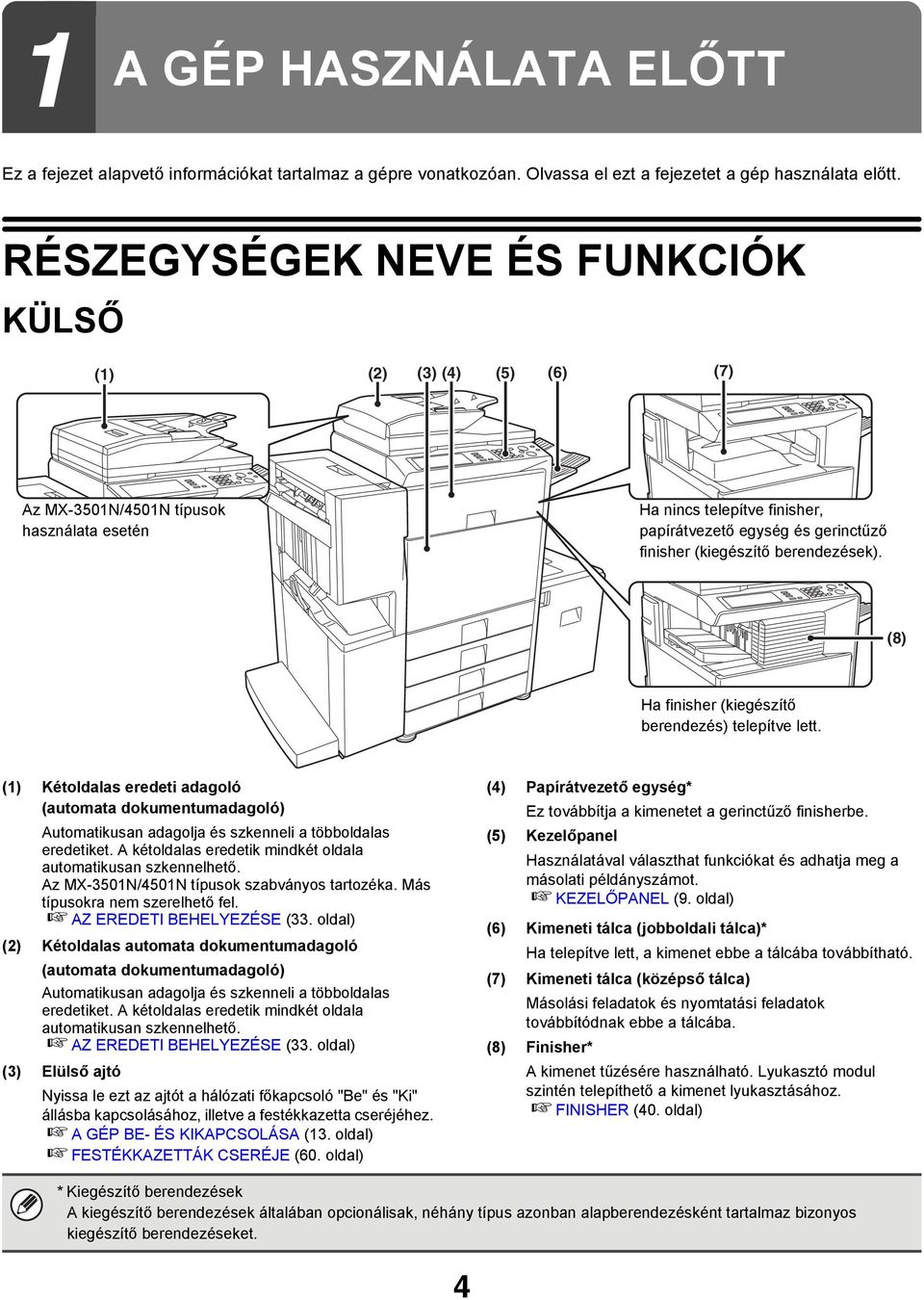 berendezések). (8) Ha finisher (kiegészítő berendezés) telepítve lett. (1) Kétoldalas eredeti adagoló (automata dokumentumadagoló) Automatikusan adagolja és szkenneli a többoldalas eredetiket.