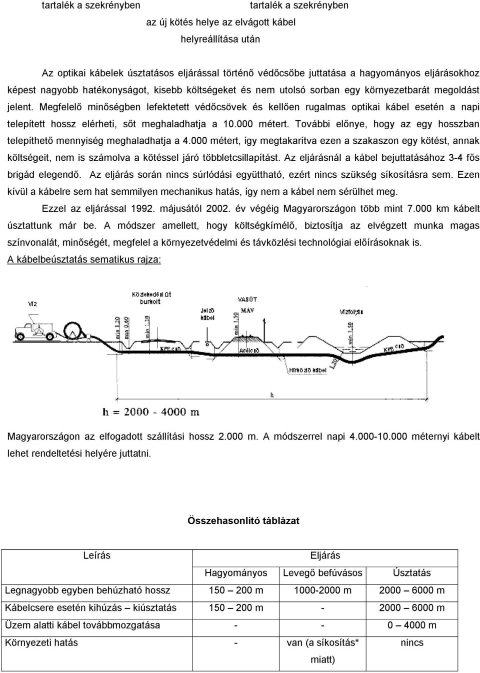 Megfelelő minőségben lefektetett védőcsövek és kellően rugalmas optikai kábel esetén a napi telepített hossz elérheti, sőt meghaladhatja a 10.000 métert.