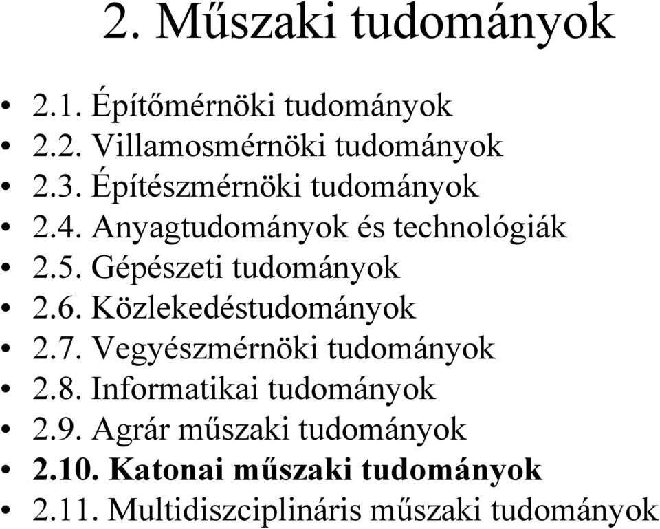 Közlekedéstudományok 2.7. Vegyészmérnöki tudományok 2.8. Informatikai tudományok 2.9.