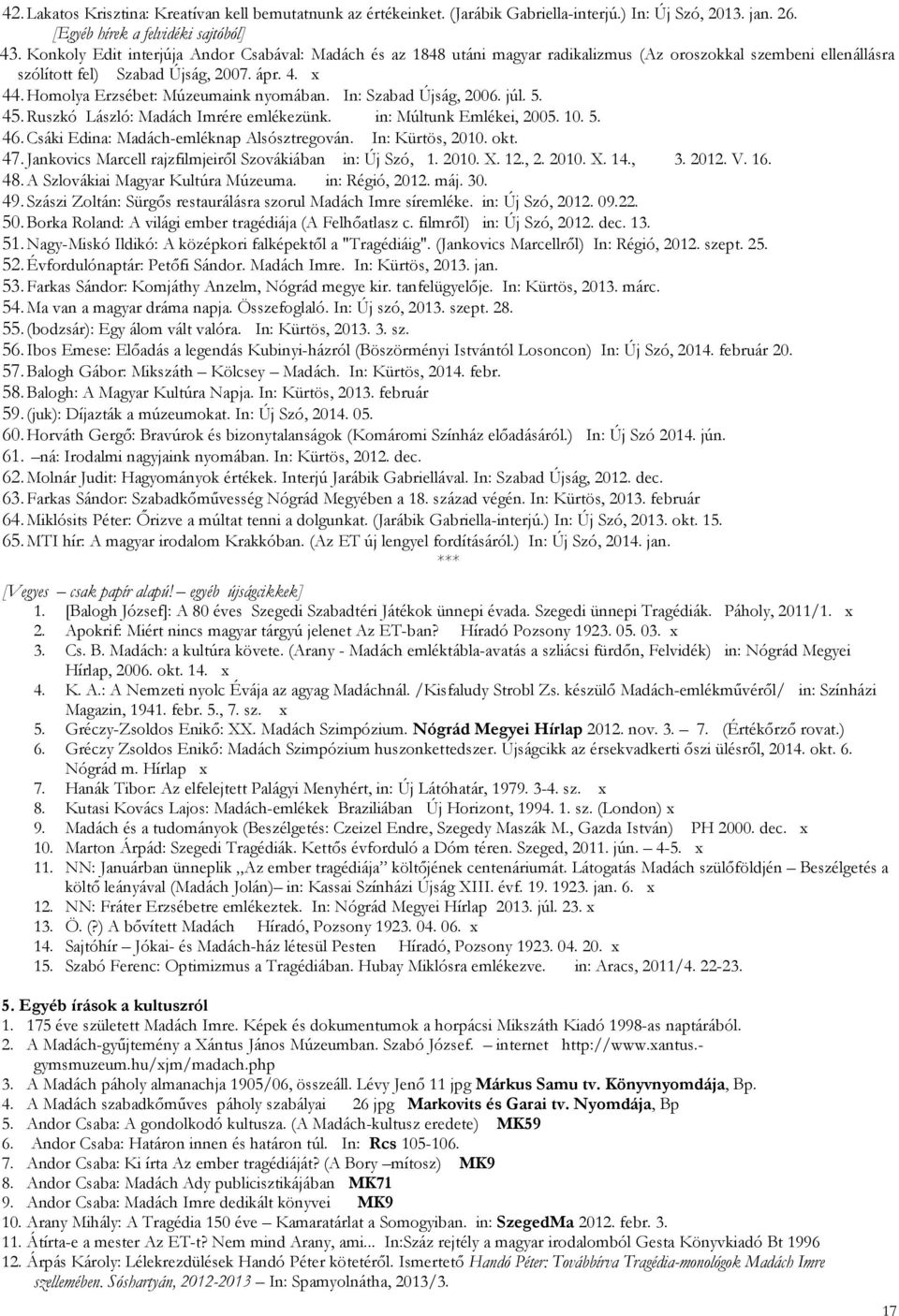 Homolya Erzsébet: Múzeumaink nyomában. In: Szabad Újság, 2006. júl. 5. 45. Ruszkó László: Madách Imrére emlékezünk. in: Múltunk Emlékei, 2005. 10. 5. 46. Csáki Edina: Madách-emléknap Alsósztregován.