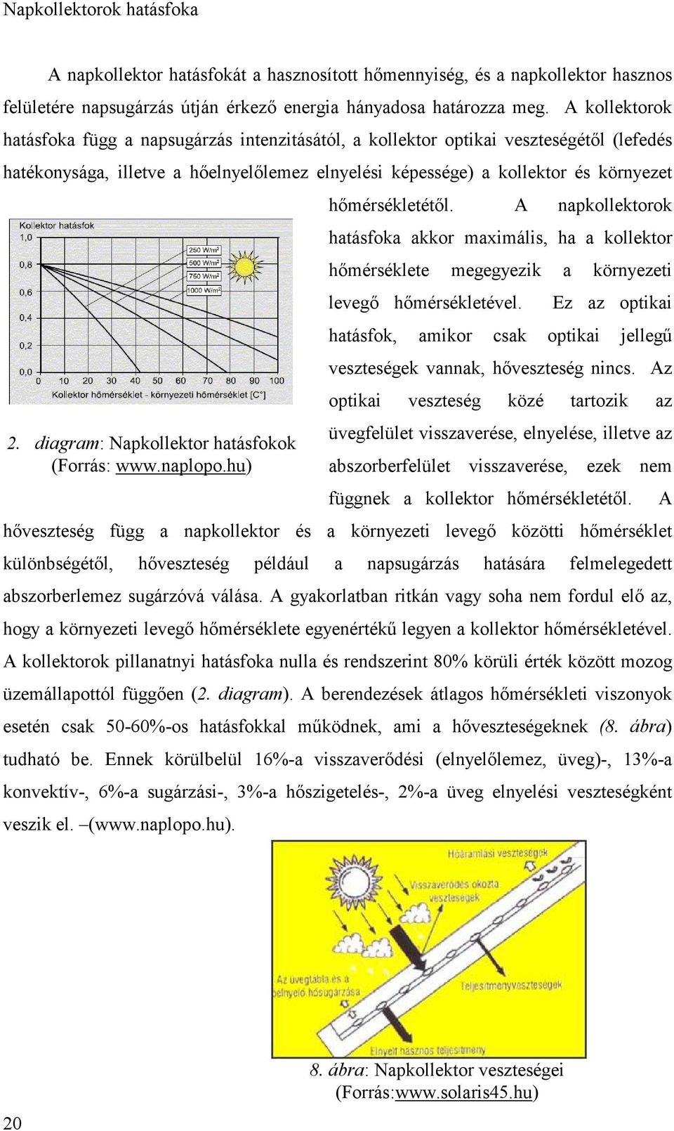 diagram: Napkollektor hatásfokok (Forrás: www.naplopo.hu) hımérsékletétıl. A napkollektorok hatásfoka akkor maximális, ha a kollektor hımérséklete megegyezik a környezeti levegı hımérsékletével.