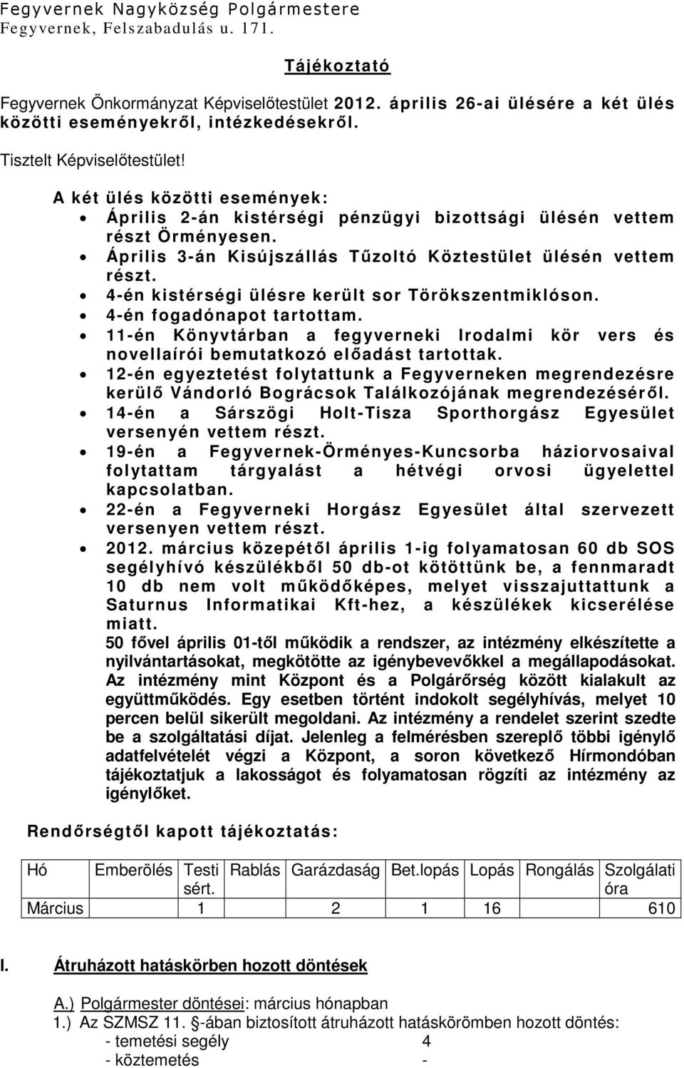 A két ülés közötti események: Április 2-án kistérségi pénzügyi bizottsági ülésén vettem részt Örményesen. Április 3-án Kisújszállás Tűzoltó Köztestület ülésén vettem részt.