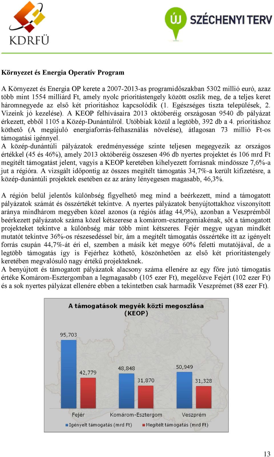 A KEOP felhívásaira 2013 októberéig országosan 9540 db pályázat érkezett, ebből 1105 a Közép-Dunántúlról. Utóbbiak közül a legtöbb, 392 db a 4.