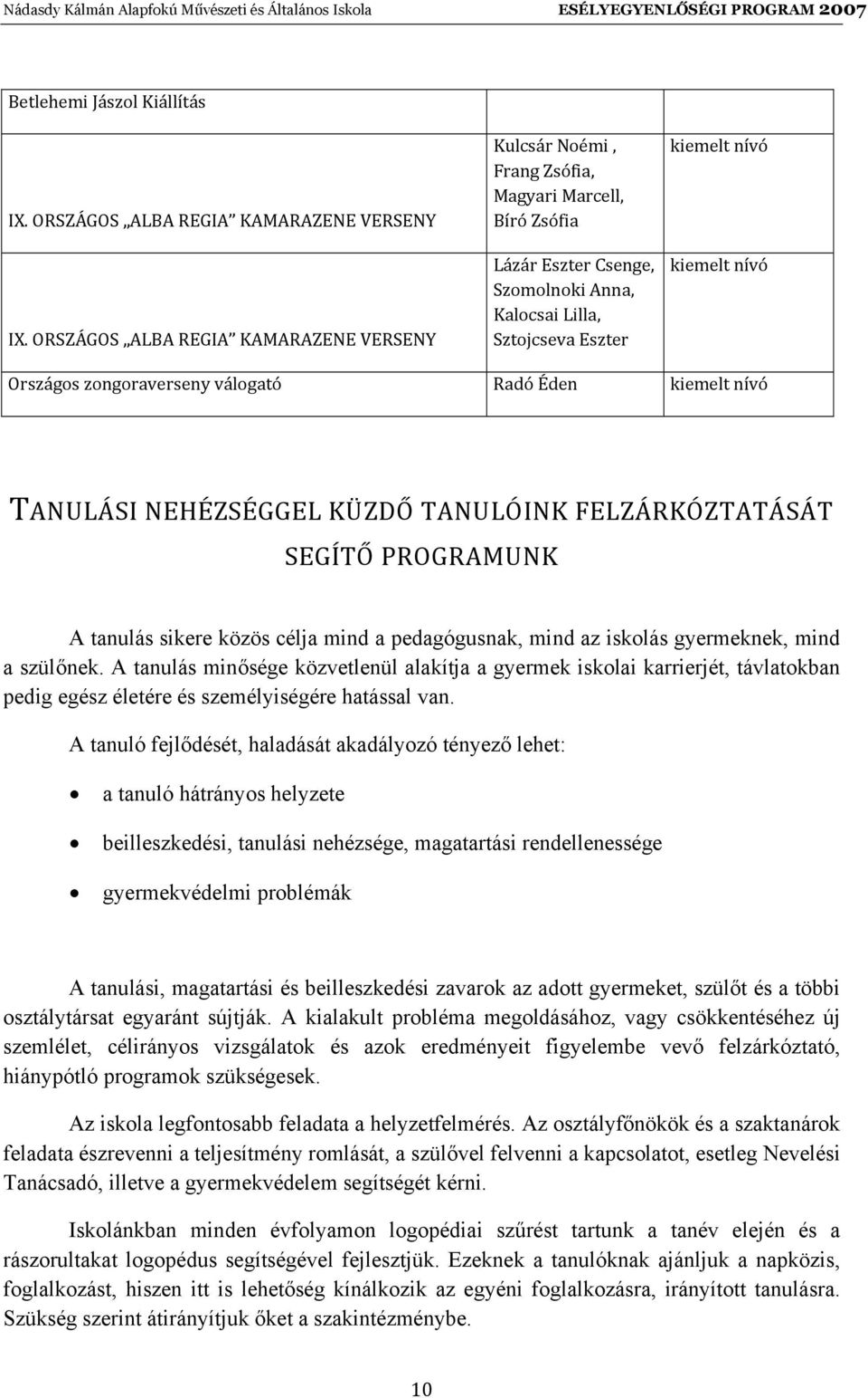 Országos zongoraverseny válogató Radó Éden kiemelt nívó TANULÁSI NEHÉZSÉGGEL KÜZDŐ TANULÓINK FELZÁRKÓZTATÁSÁT SEGÍTŐ PROGRAMUNK A tanulás sikere közös célja mind a pedagógusnak, mind az iskolás