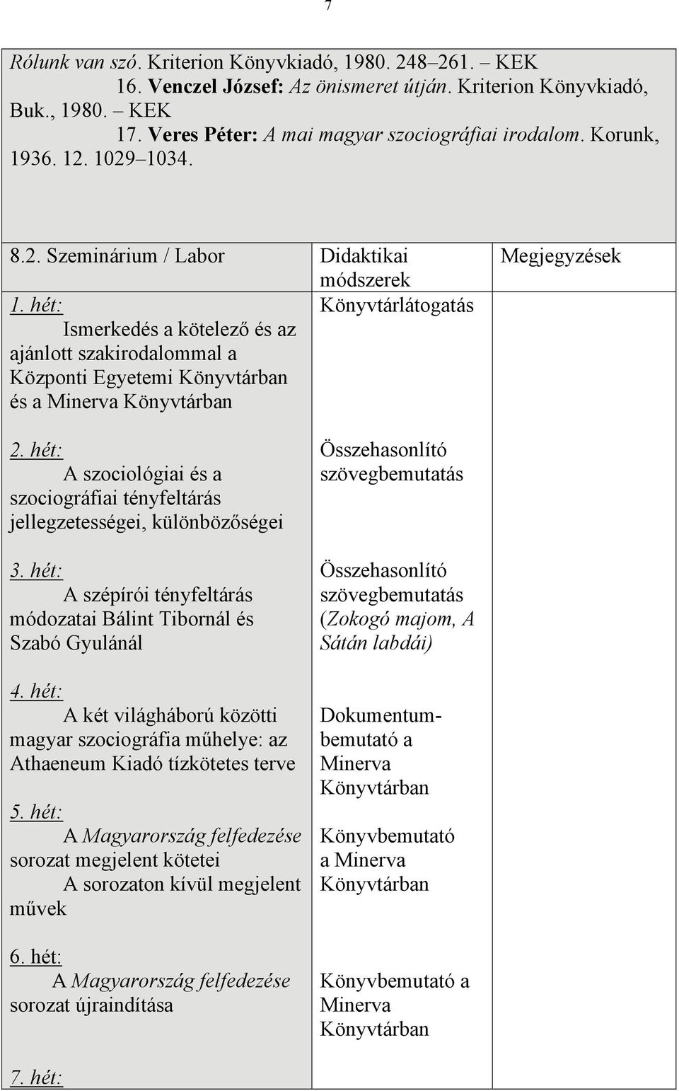 hét: A szociológiai és a szociográfiai tényfeltárás jellegzetességei, különbözőségei 3. hét: A szépírói tényfeltárás módozatai Bálint Tibornál és Szabó Gyulánál 4.