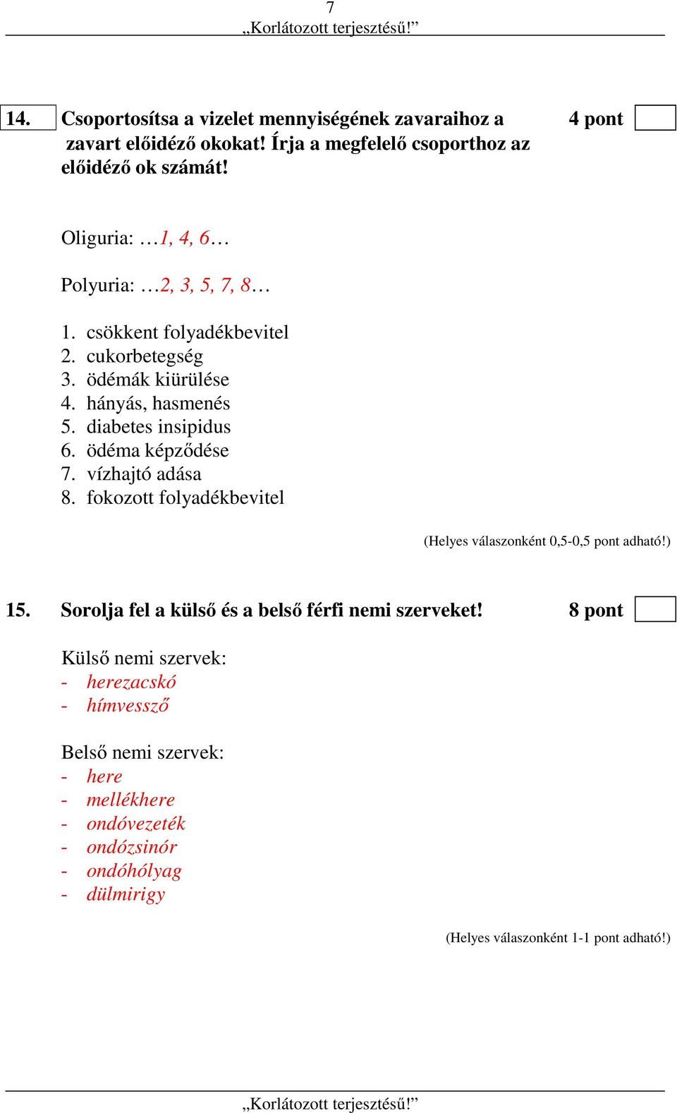 diabetes insipidus 6. ödéma képződése 7. vízhajtó adása 8. fokozott folyadékbevitel (Helyes válaszonként 0,5-0,5 pont adható!) 15.