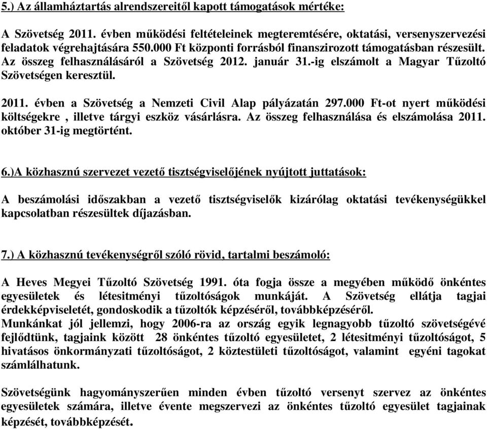 évben a Szövetség a Nemzeti Civil Alap pályázatán 297.000 Ft-ot nyert működési költségekre, illetve tárgyi eszköz vásárlásra. Az összeg felhasználása és elszámolása 2011. október 31-ig megtörtént. 6.