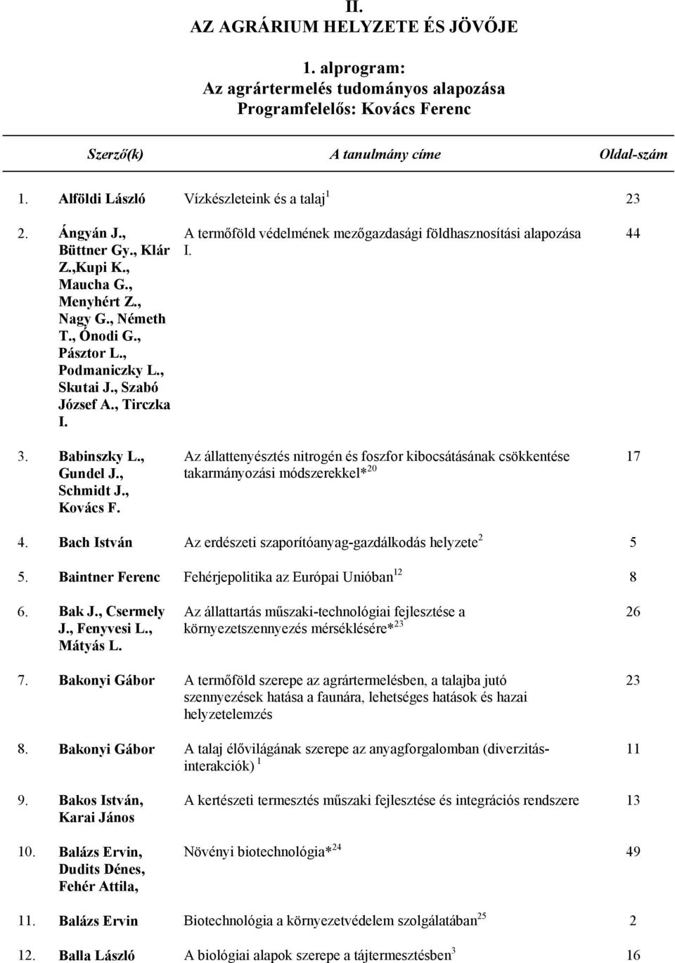 , Tirczka I. A termőföld védelmének mezőgazdasági földhasznosítási alapozása I. 44 3. Babinszky L., Gundel J., Schmidt J., Kovács F.