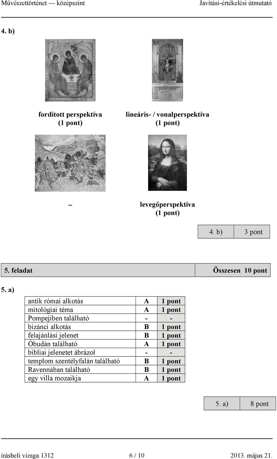 a) antik római alkotás A 1 pont mitológiai téma A 1 pont Pompejiben található - - bizánci alkotás B 1 pont felajánlási