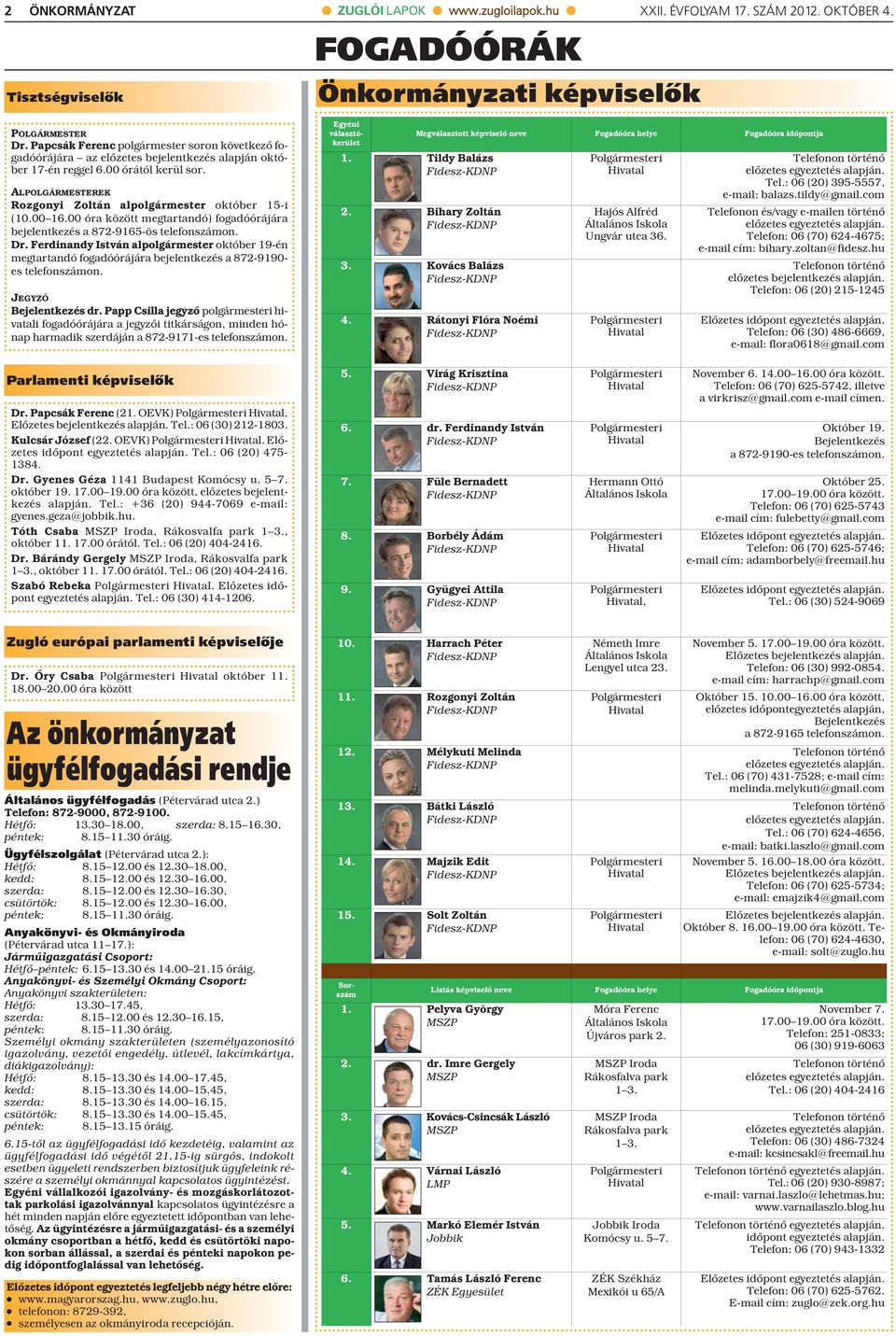 ALPOLGÁRMESTEREK Rozgonyi Zoltán alpolgármester október 15-i (10.00 16.00 óra között megtartandó) fogadóórájára bejelentkezés a 872-9165-ös telefonszámon. Dr.