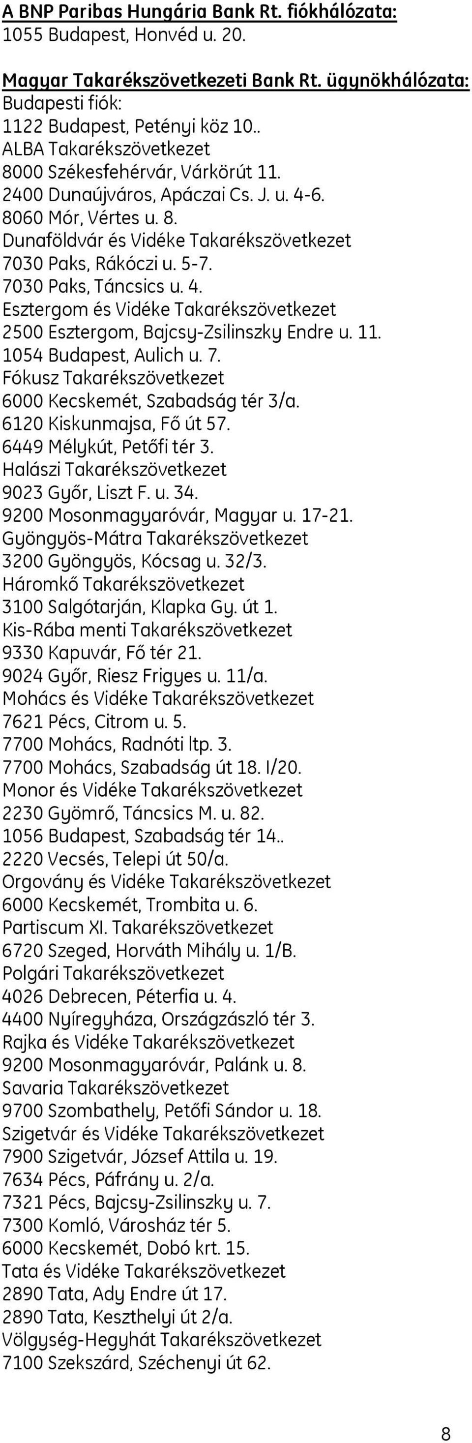 7030 Paks, Táncsics u. 4. Esztergom és Vidéke Takarékszövetkezet 2500 Esztergom, Bajcsy-Zsilinszky Endre u. 11. 1054 Budapest, Aulich u. 7. Fókusz Takarékszövetkezet 6000 Kecskemét, Szabadság tér 3/a.