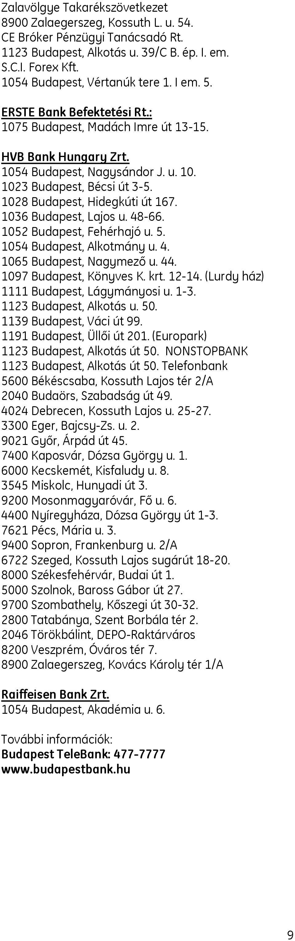 1036 Budapest, Lajos u. 48-66. 1052 Budapest, Fehérhajó u. 5. 1054 Budapest, Alkotmány u. 4. 1065 Budapest, Nagymező u. 44. 1097 Budapest, Könyves K. krt. 12-14.