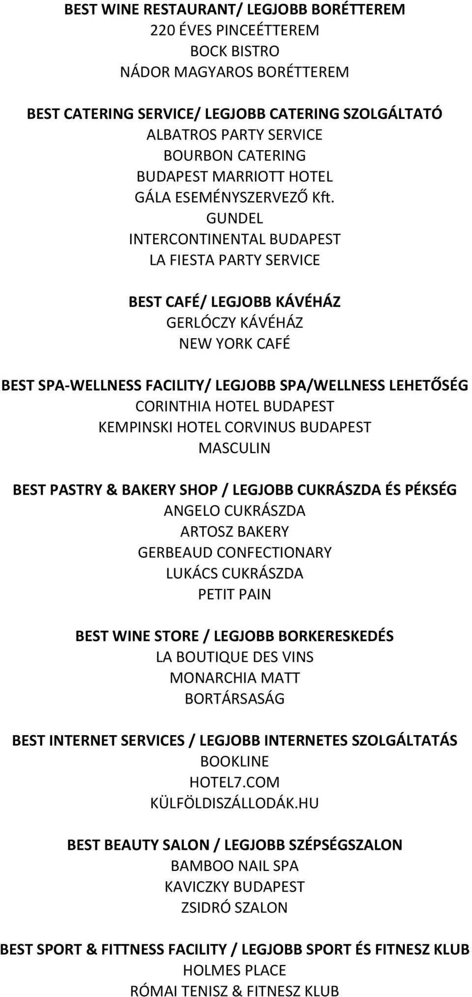 GUNDEL LA FIESTA PARTY SERVICE BEST CAFÉ/ LEGJOBB KÁVÉHÁZ GERLÓCZY KÁVÉHÁZ NEW YORK CAFÉ BEST SPA- WELLNESS FACILITY/ LEGJOBB SPA/WELLNESS LEHETŐSÉG CORINTHIA HOTEL BUDAPEST KEMPINSKI HOTEL CORVINUS